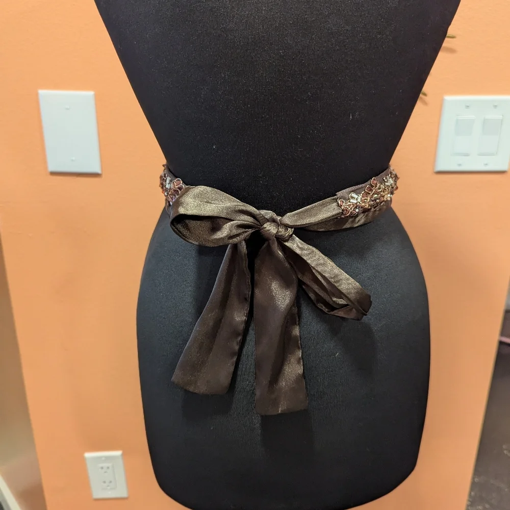 Whimsigoth Vintage Y2K Brown Belt Satin Embroidered Tie Waist Or Headband